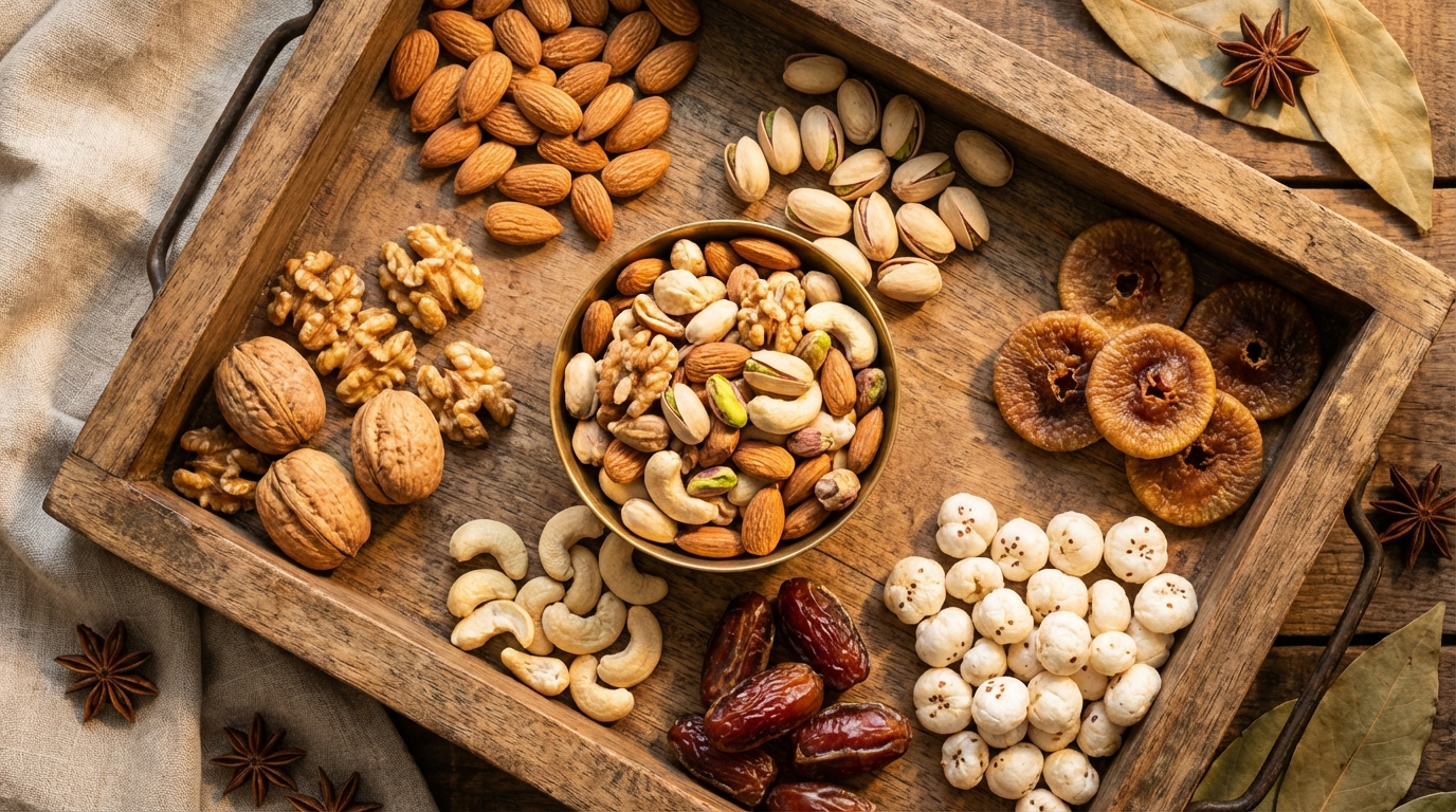 Assorted dry fruits and nuts for diabetics - almonds walnuts pistachios makhana dates on wooden tray