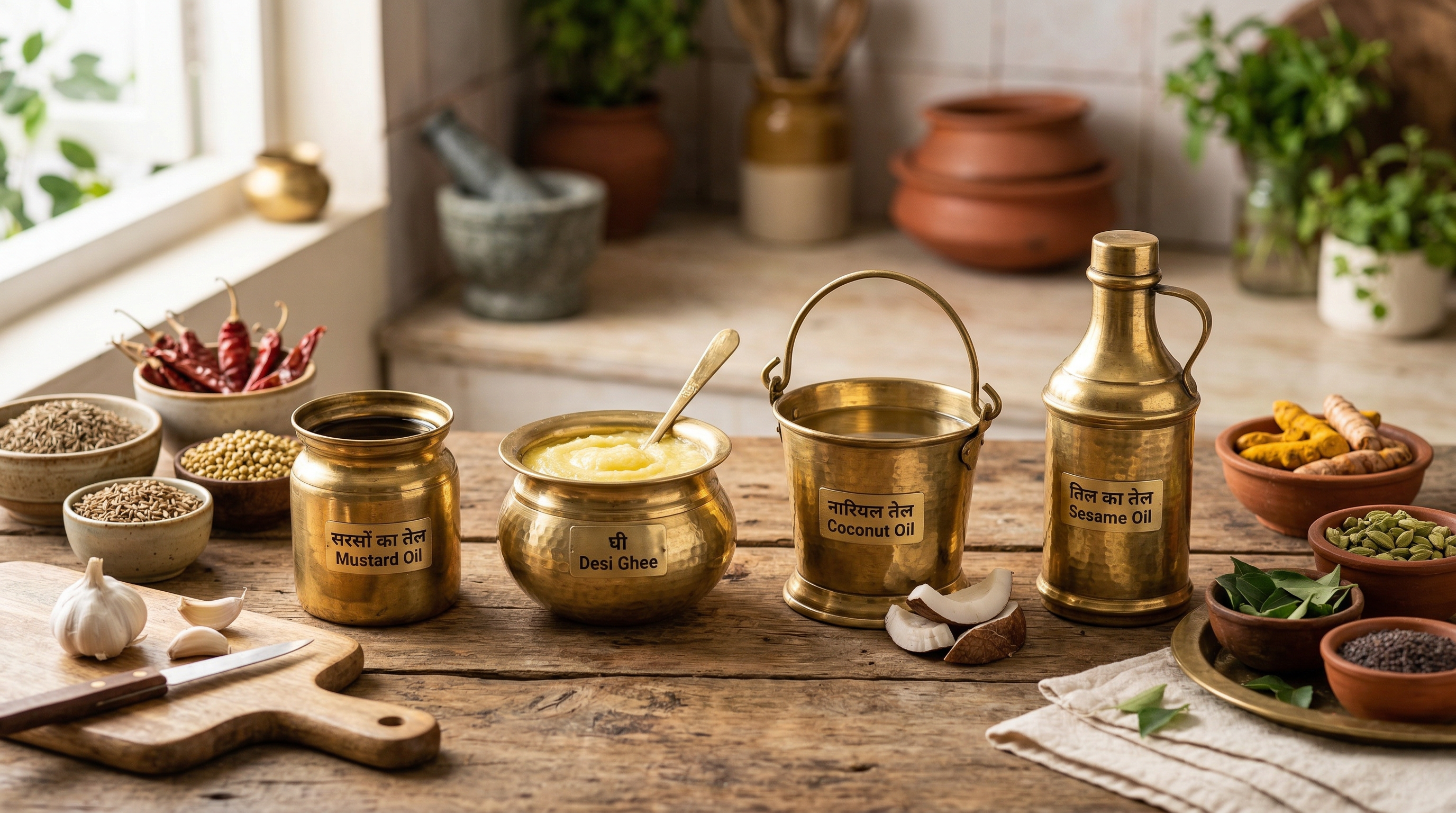Various Indian cooking oils in traditional containers - mustard oil, coconut oil, ghee, sesame oil arranged on wooden counter with Indian spices