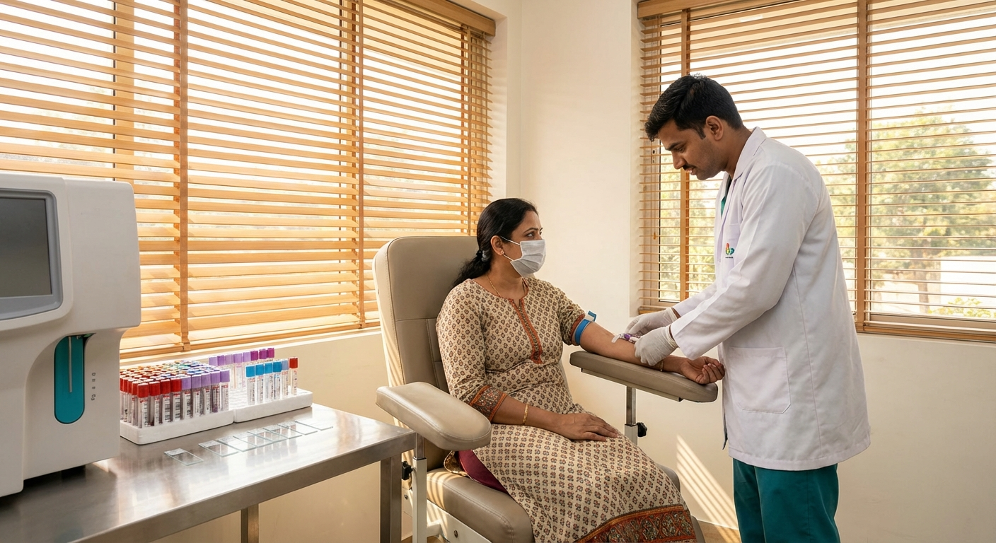 Indian patient getting HbA1c blood test at a modern pathology lab in India
